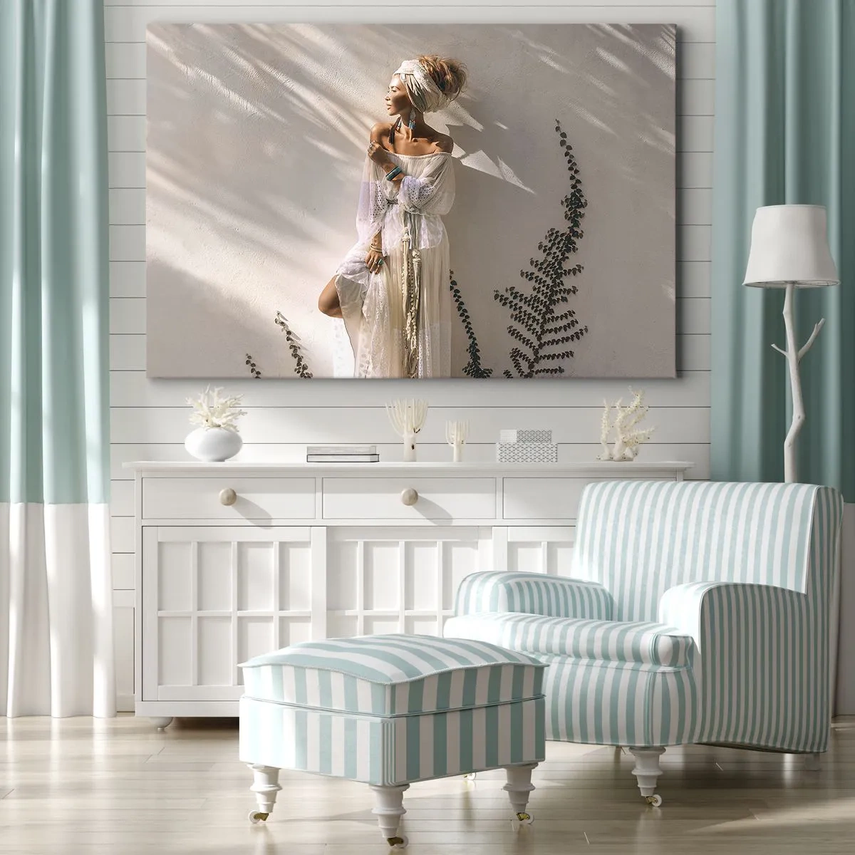 Lærredstryk - Billede på lærred - En kvinde i boho-stil oplyst af solens stråler - 70x50cm - Solen og pigen - Moderne vægdekoration til stue og soveværelse ARTTOR