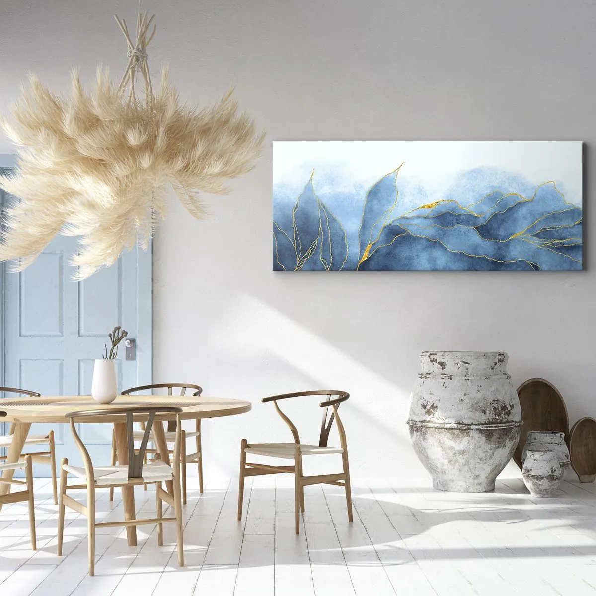 Lærredstryk - Billede på lærred - Blå i guld - 100x40 cm