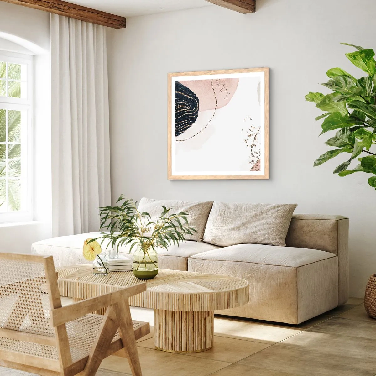 Plakat i ramme af lyst egetræ - Alt flyder - 40x40 cm