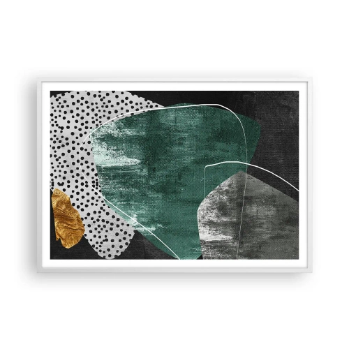 Plakat i hvid ramme - Farverig abstraktion med en guldflager - 100x70 cm