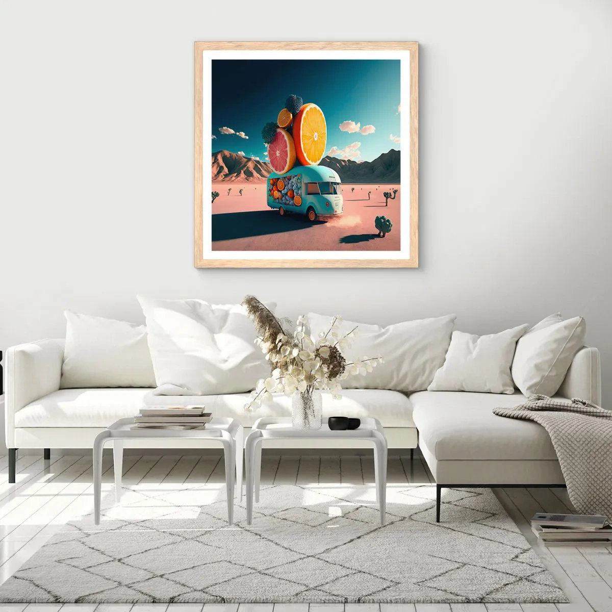 Plakat i ramme af lyst egetræ - En smag af ferie - 50x50 cm