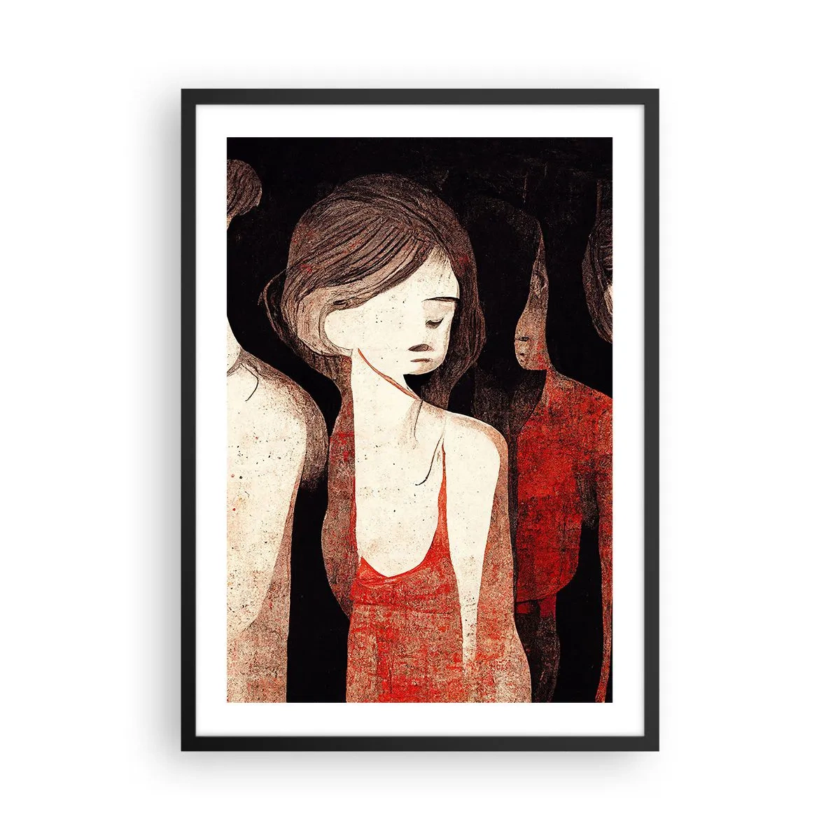 Plakat i sort ramme - Abstrakt illustration af en figur i rødt og sort - 50x70cm - Mørkets madonnaer - Moderne vægdekoration til stue og soveværelse ARTTOR