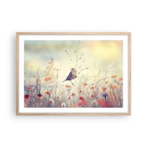 Plakat i ramme af lyst egetræ - Fugleportræt med en eng i baggrunden - 70x50 cm