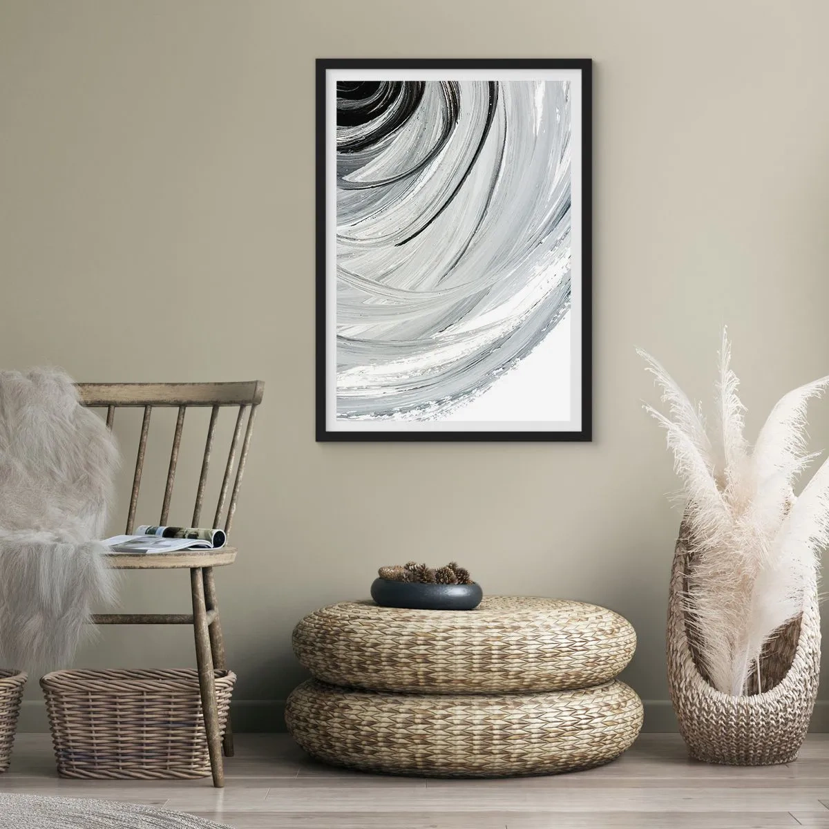 Plakat i sort ramme - Dynamisk abstraktion i nuancer af sort, hvid og grå - 50x70cm - Orbital komposition - Moderne vægdekoration til stue og soveværelse ARTTOR