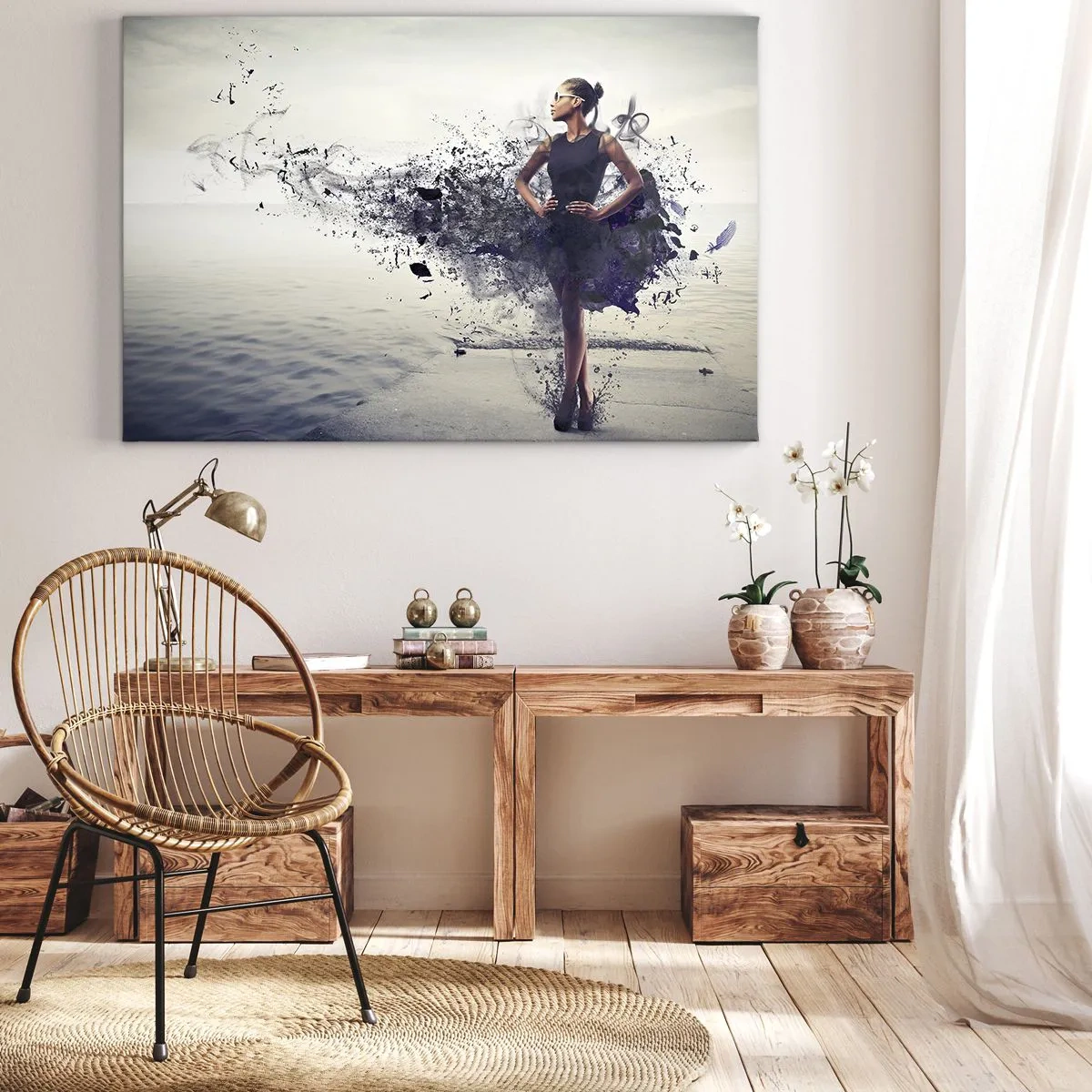 Lærredstryk - Billede på lærred - En kvinde i en kunstnerisk komposition mod en baggrund af vand - 70x50cm - Afrikansk Venus - Moderne vægdekoration til stue og soveværelse ARTTOR