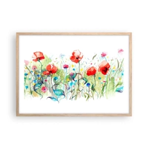 Plakat i ramme af lyst egetræ - En blomstrende eng i maj - 70x50 cm