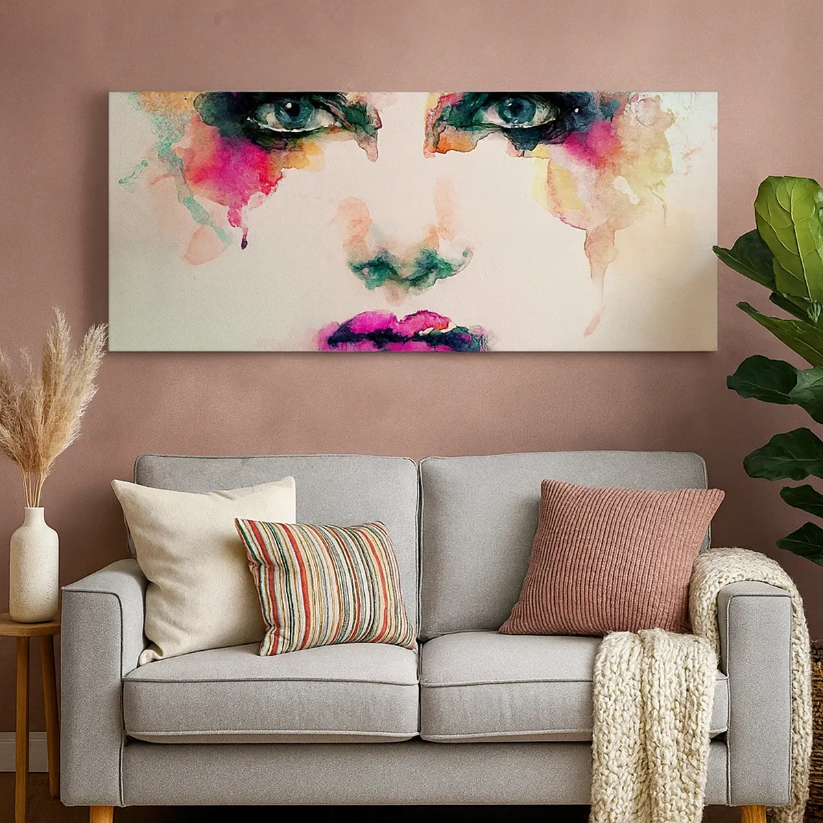 Lærredstryk - Billede på lærred - Portræt malet med en regnbue - 30x30 cm