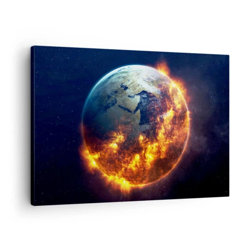 Lærredstryk - Billede på lærred - Planeten Jorden i brand i det ydre rum - 70x50cm - Apokalypsens flamme - Moderne vægdekoration til stue og soveværelse ARTTOR