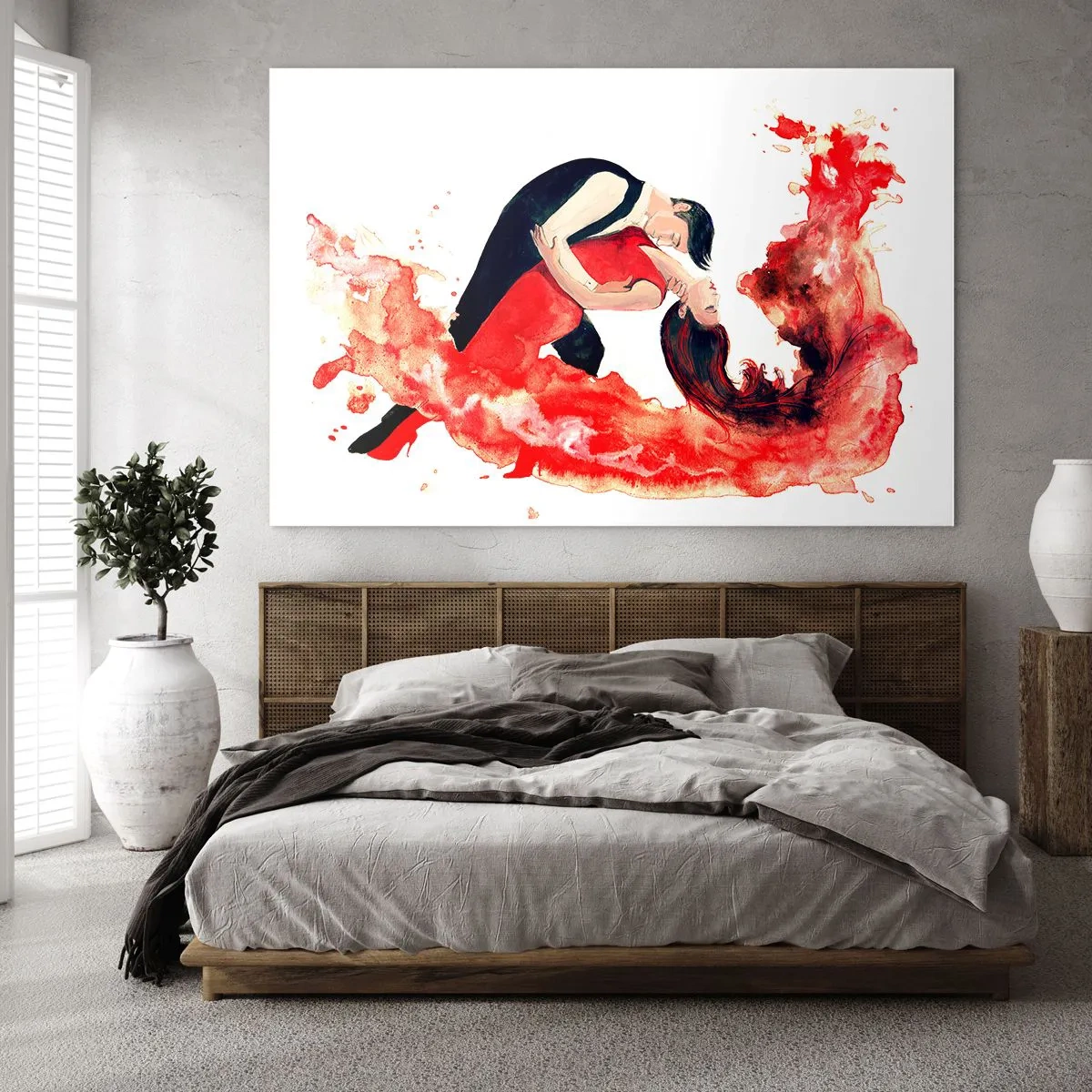 Billede på glas - Et par, der danser i en dynamisk, rød akvarelkomposition - 70x50cm - Tango - en sensuel bølge - Moderne vægdekoration til stue og soveværelse ARTTOR