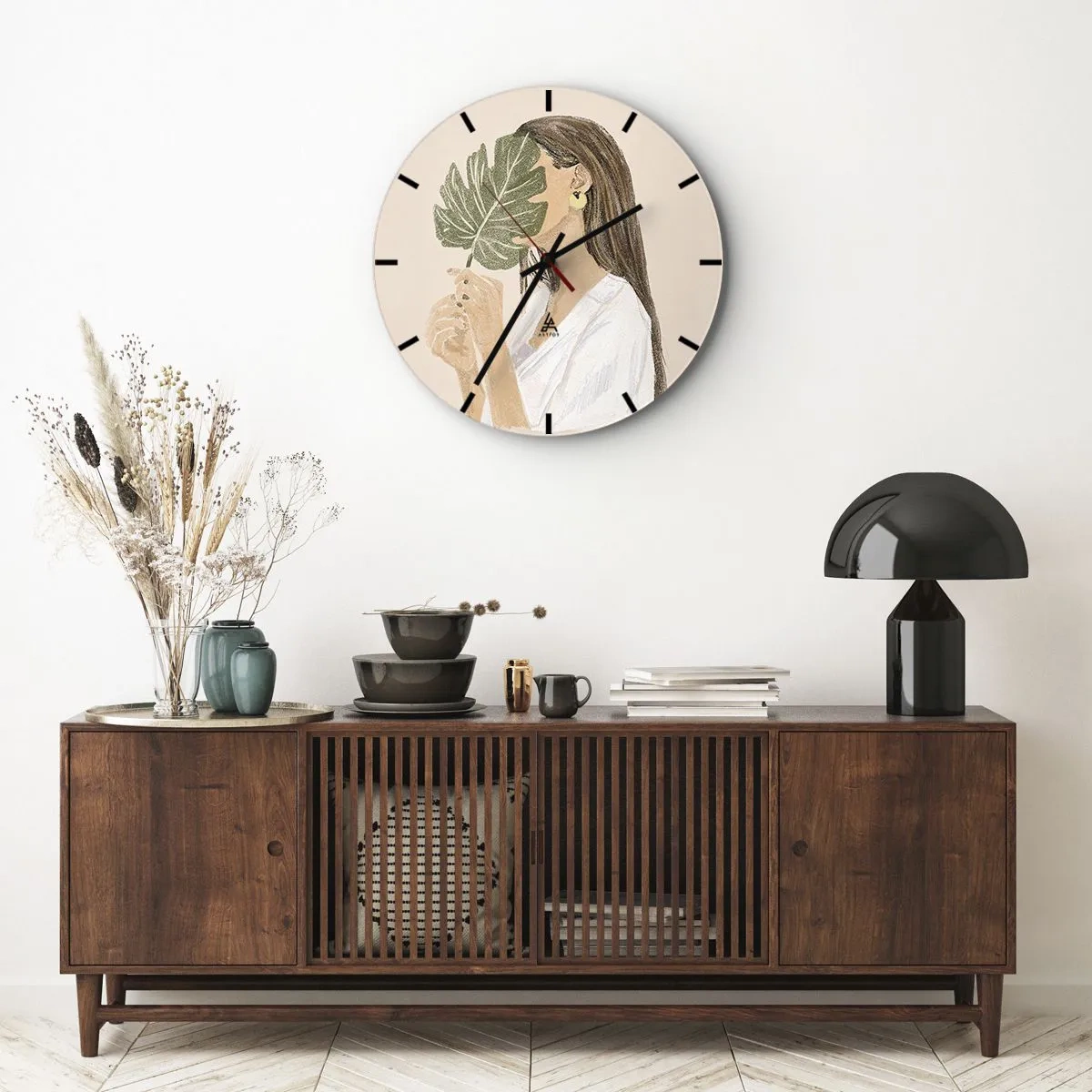 Vægur, Uret - Mystisk portræt med en vifte - 40x40 cm