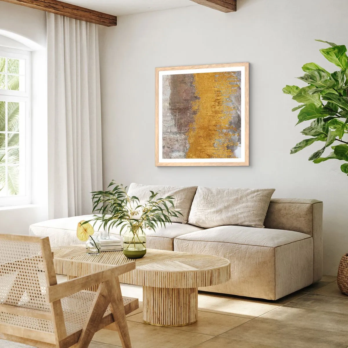 Plakat i ramme af lyst egetræ - En gylden eksplosion - 60x60 cm