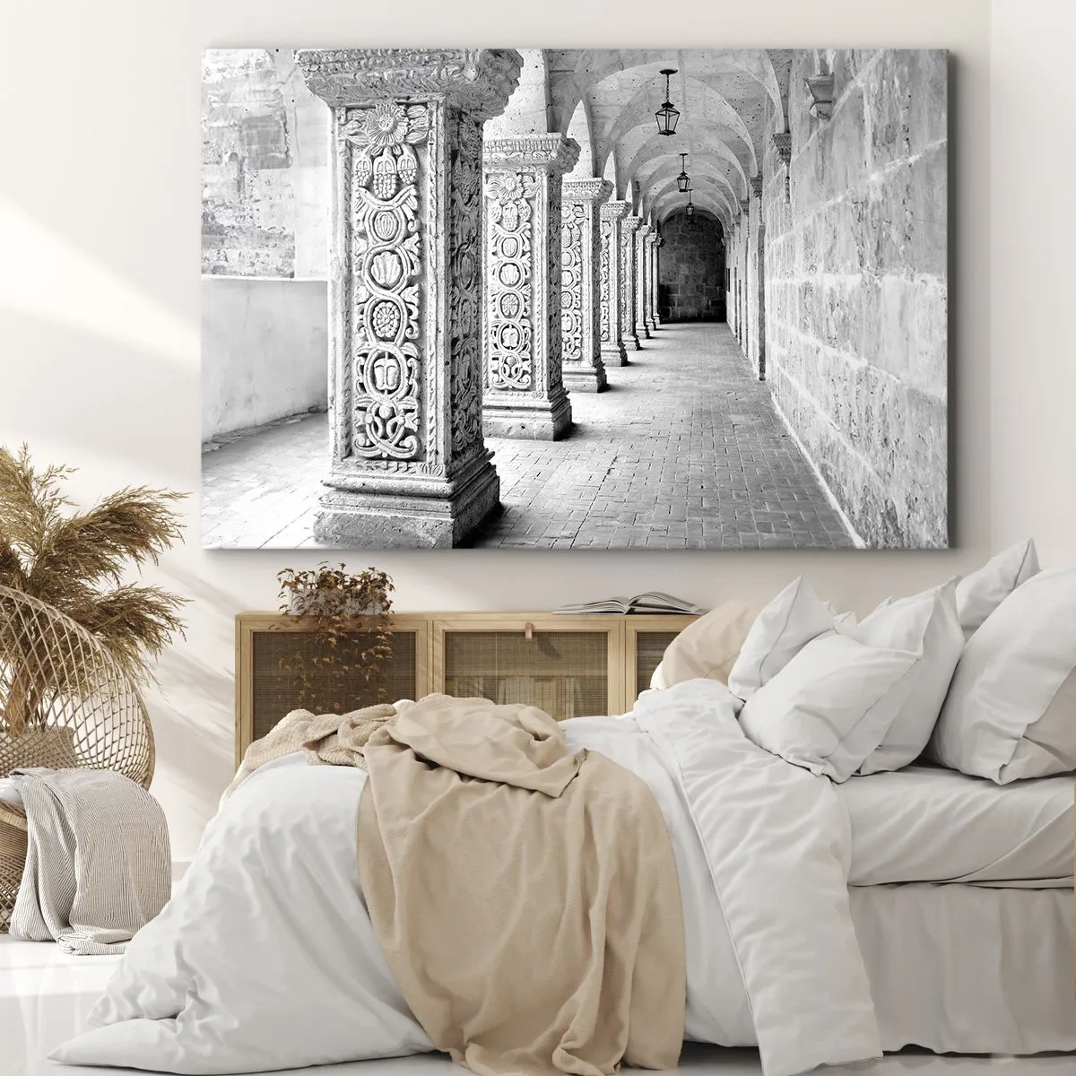 Lærredstryk - Billede på lærred - Historiske søjler i et monokromatisk billede - 70x50cm - Og hvor går det hen...? - Moderne vægdekoration til stue og soveværelse ARTTOR