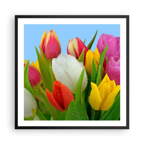 Plakat i sort ramme - En blomstret regnbue i dugdråber - 60x60 cm