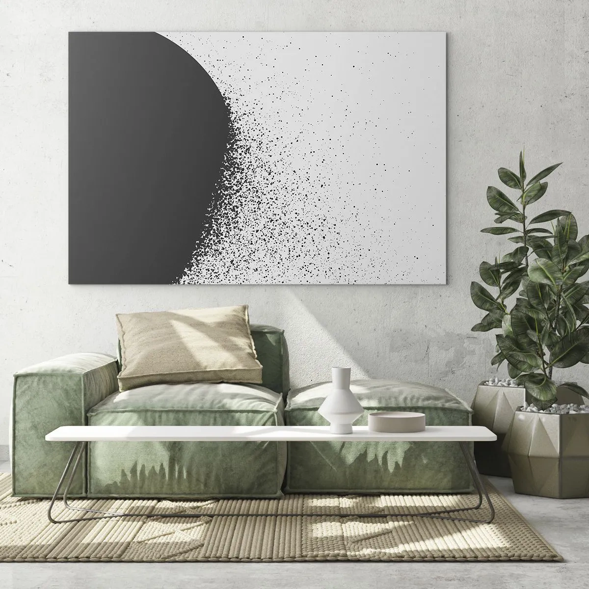 Billede på glas - Abstraktion af en sort masse, der falder fra hinanden, på en hvid baggrund - 70x50cm - Partikelbevægelse - Moderne vægdekoration til stue og soveværelse ARTTOR