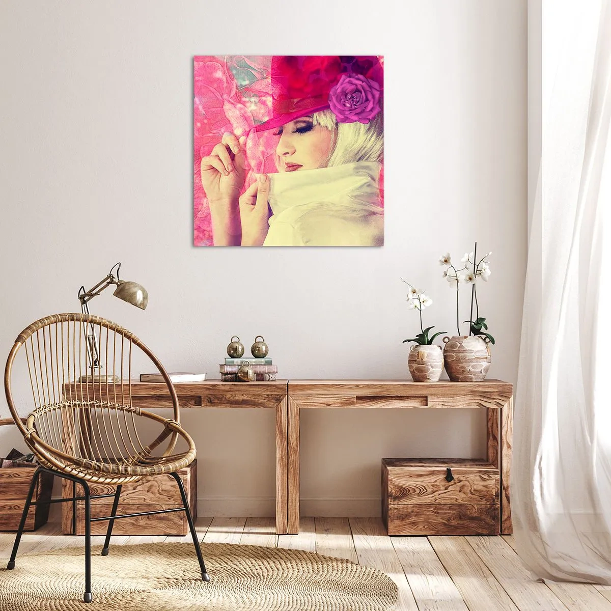 Lærredstryk - Billede på lærred - Retro portræt i lyserødt - 40x40 cm