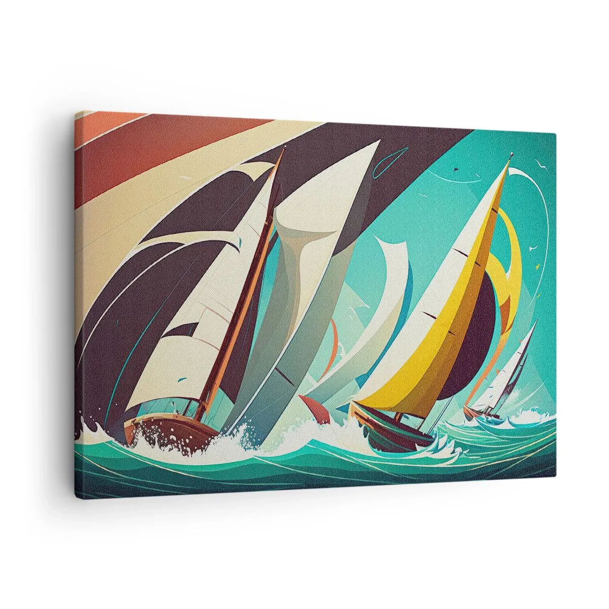 Lærredstryk - Billede på lærred - En dynamisk illustration af sejlbåde i et stormfuldt hav. - 70x50cm - Tæt på og personligt med elementerne - Moderne vægdekoration til stue og soveværelse ARTTOR