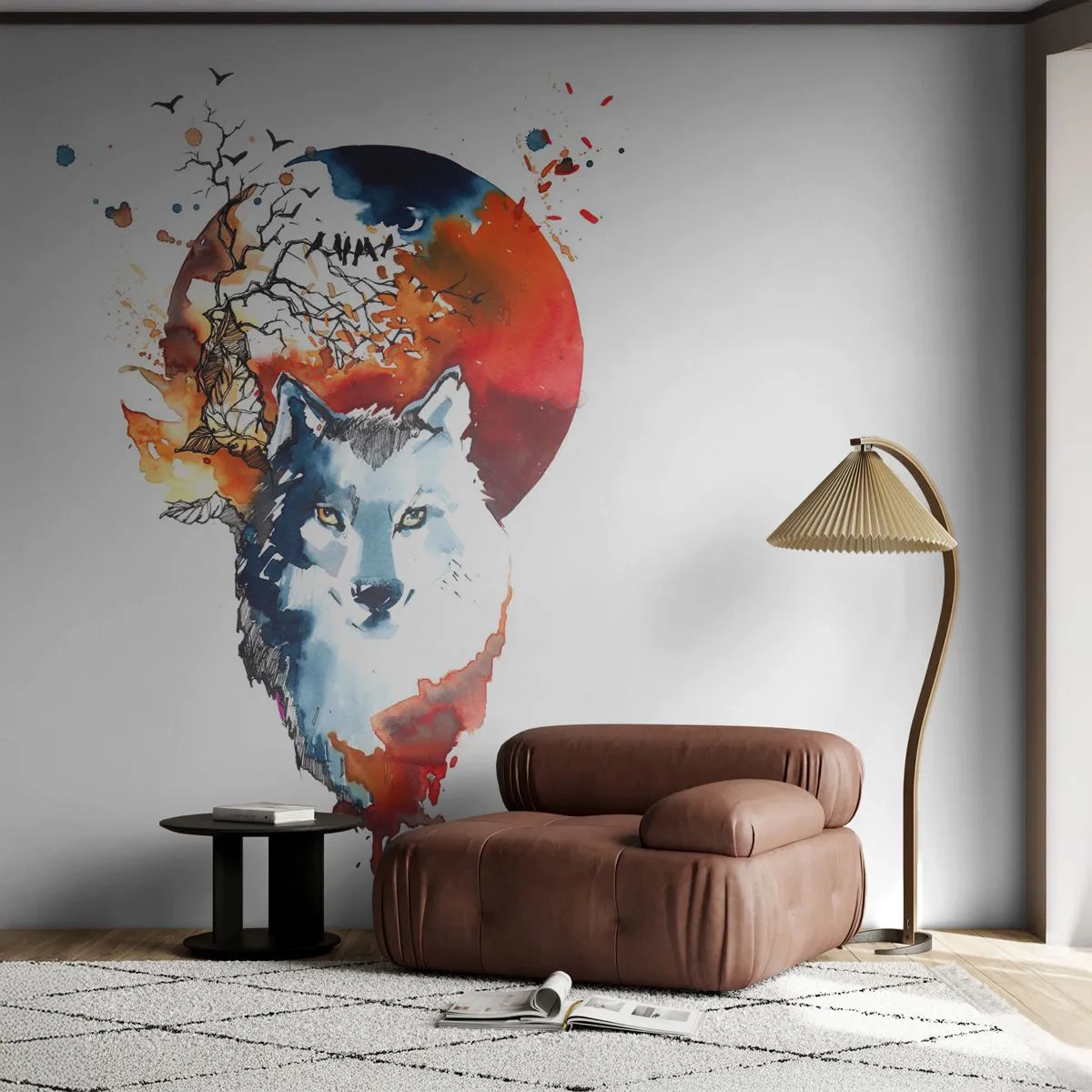 Fototapet Selvklæbende Deluxe Sticker - Næse til næse med natten - Abstraktion, Dyr, Ulv - 150x105 cm