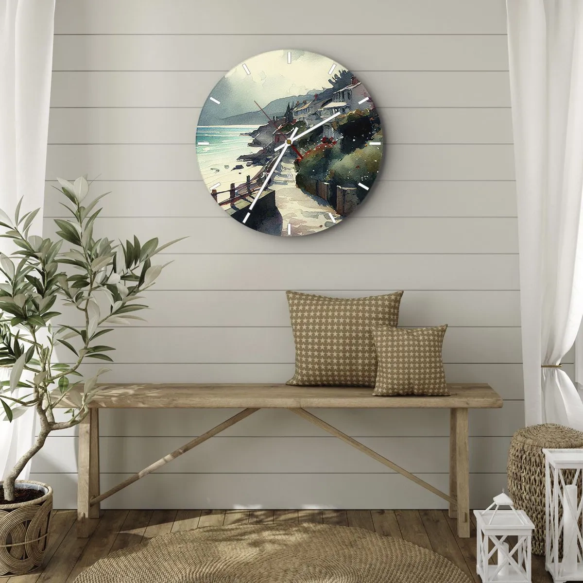 Vægur, Uret - En kyststi, der fører gennem middelhavsbygninger med havudsigt - 30x30cm - Middelhavsby - Moderne vægdekoration til stue, køkken og soveværelse ARTTOR