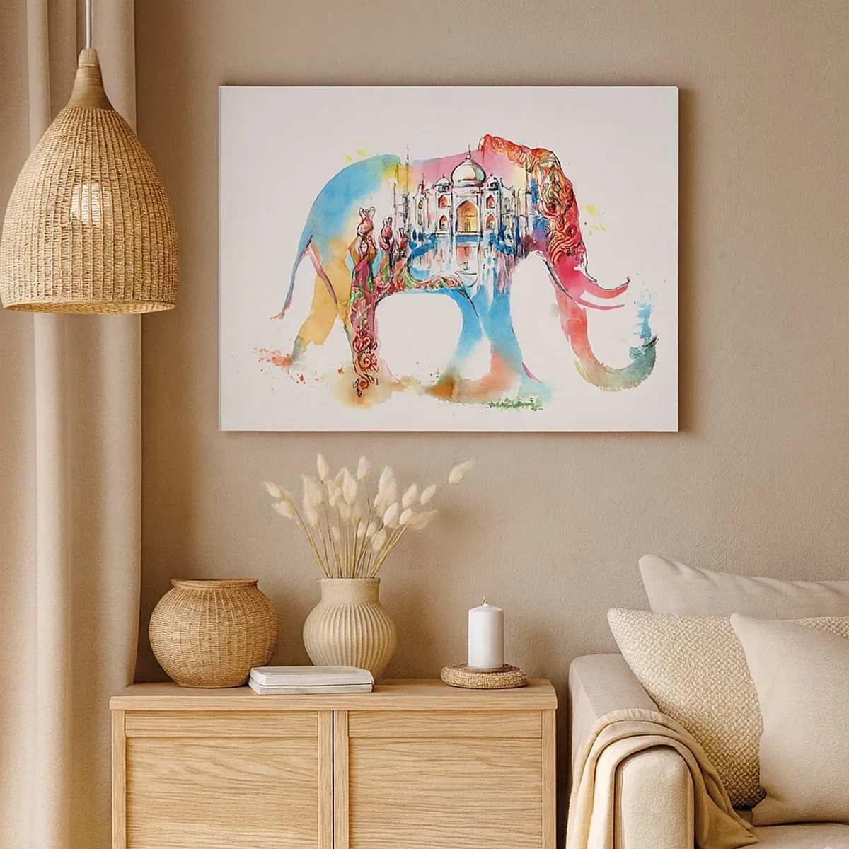 Lærredstryk - Billede på lærred - Farverigt akvarelmaleri af en elefant med et Taj Mahal-motiv - 70x50cm - Indien - kærlighedens aura - Moderne vægdekoration til stue og soveværelse ARTTOR