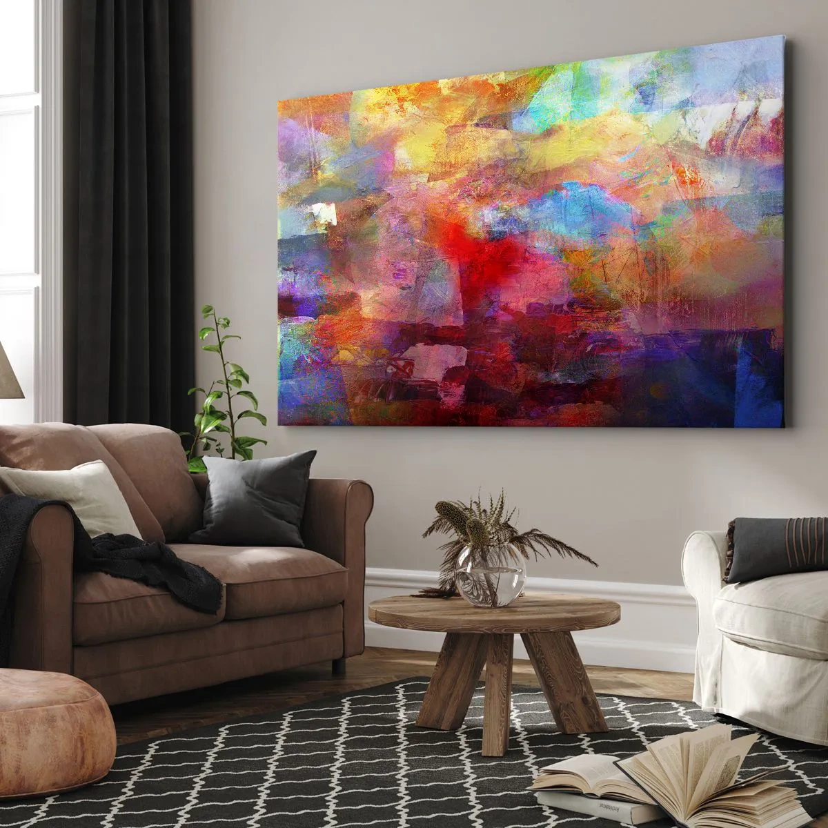 Lærredstryk - Billede på lærred - Farverig abstraktion i varme og kølige nuancer - 70x50cm - Et kig ind i regnbuen - Moderne vægdekoration til stue og soveværelse ARTTOR