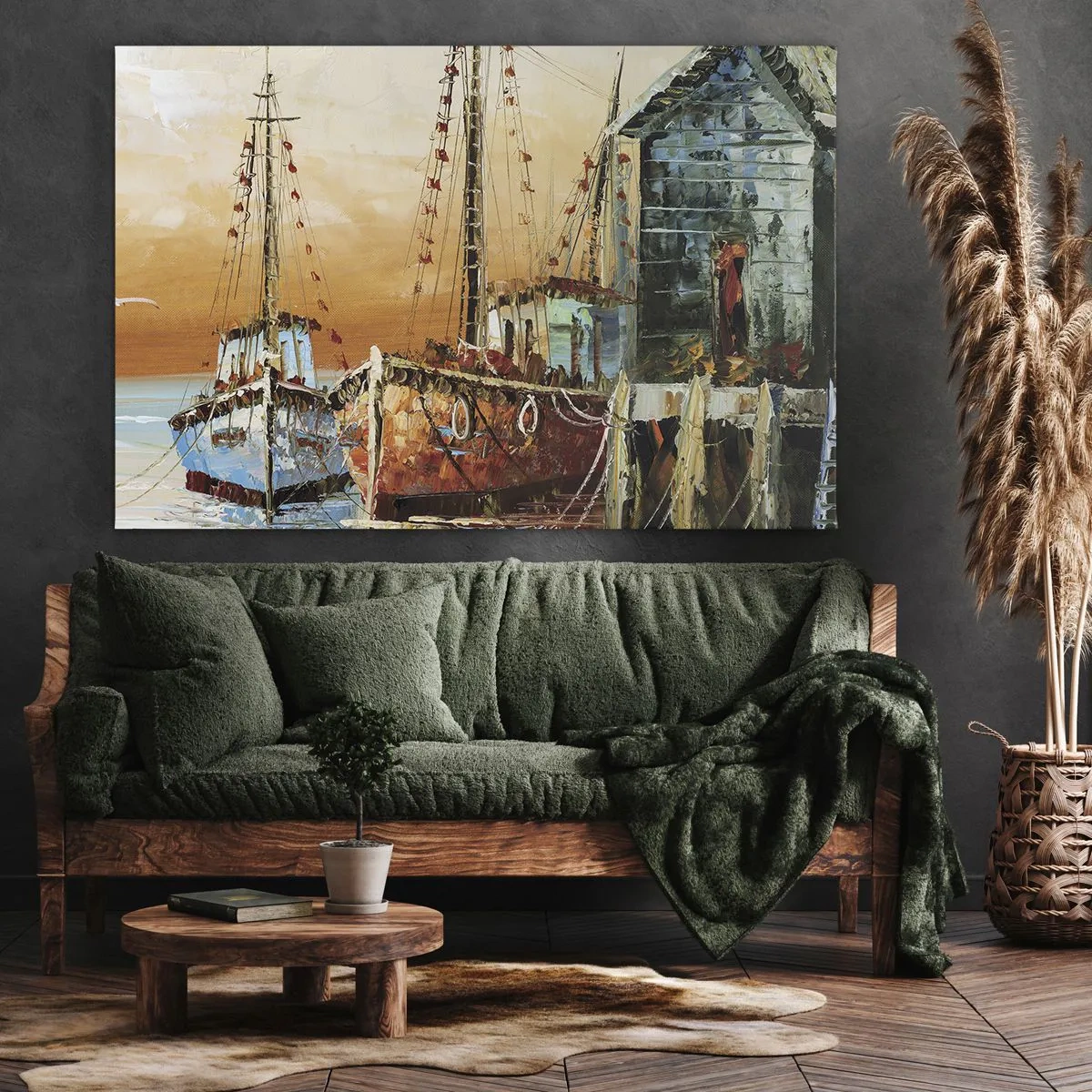 Lærredstryk - Billede på lærred - Både på kysten i det varme solnedgangslys - 70x50cm - Fredelig tilbagevenden - Moderne vægdekoration til stue og soveværelse ARTTOR
