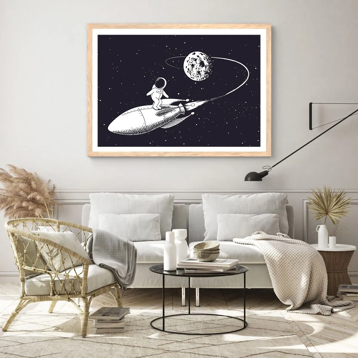 Plakat i ramme af lyst egetræ - Space surfer - 40x30 cm