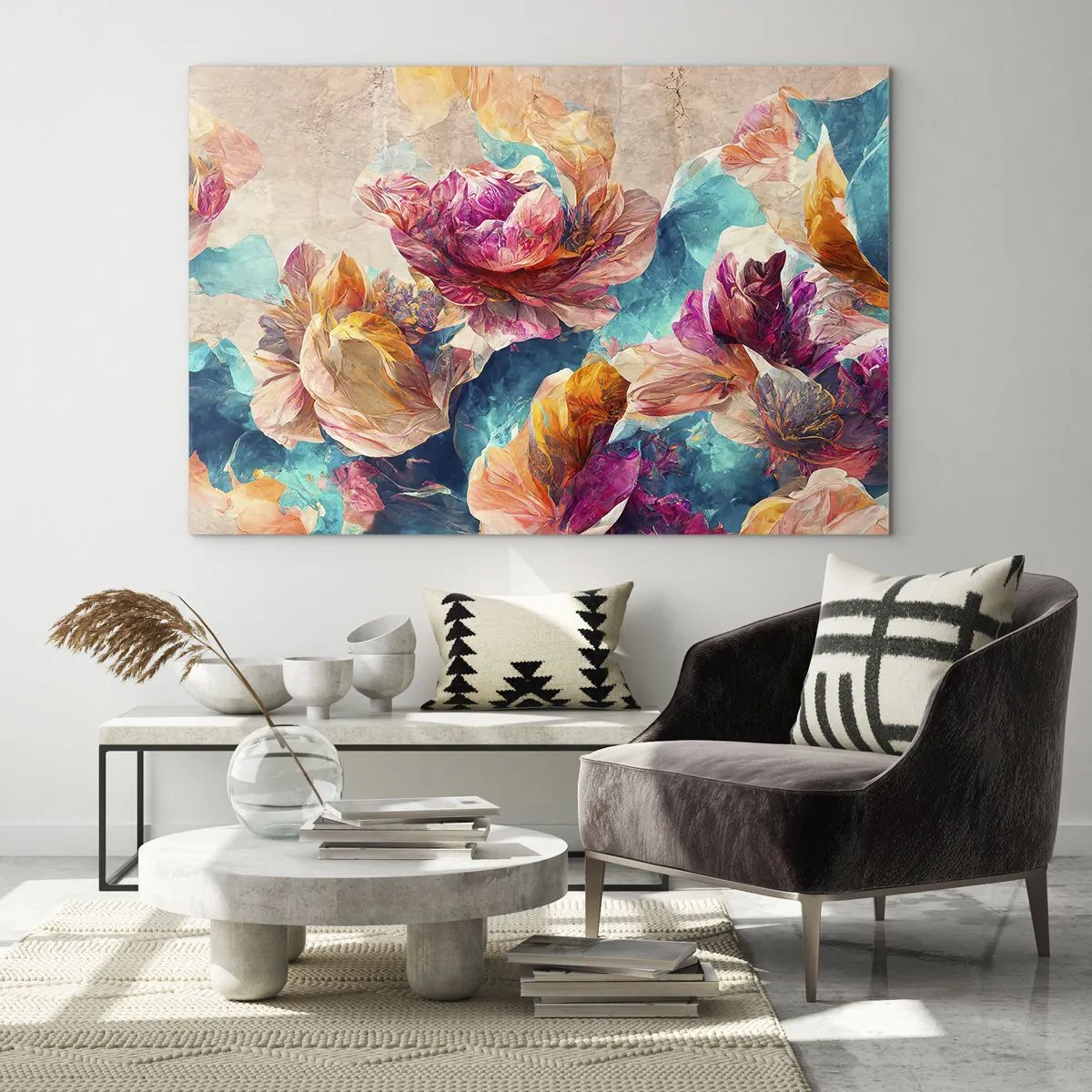 Billede på glas - Farverige blomster mod en akvarelbaggrund - 70x50cm - Den farverige pragt i en buket - Moderne vægdekoration til stue og soveværelse ARTTOR