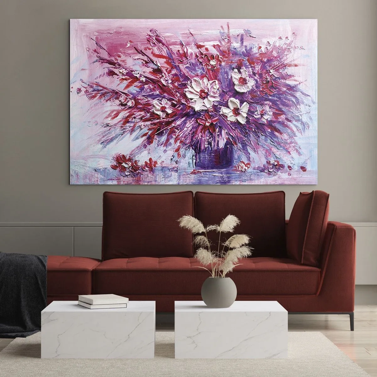 Billede på glas - En buket blomster i nuancer af lyserød og lilla - 70x50cm - Uskyld og lidenskab - Moderne vægdekoration til stue og soveværelse ARTTOR