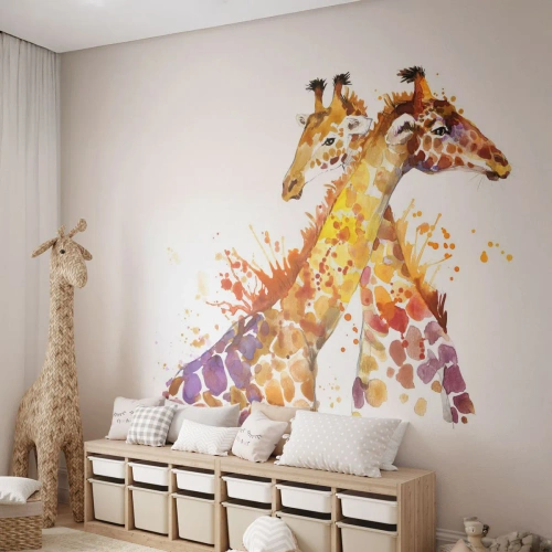 Fototapet Premium Sand - Er det venskab eller er det kærlighed? - Dyr, Giraf, Grafik - 200x140 cm