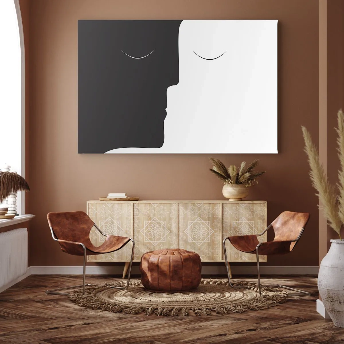 Lærredstryk - Billede på lærred - En minimalistisk silhuet af to ansigter i kontrasterende farver. - 70x50cm - Modsætningernes enhed - Moderne vægdekoration til stue og soveværelse ARTTOR