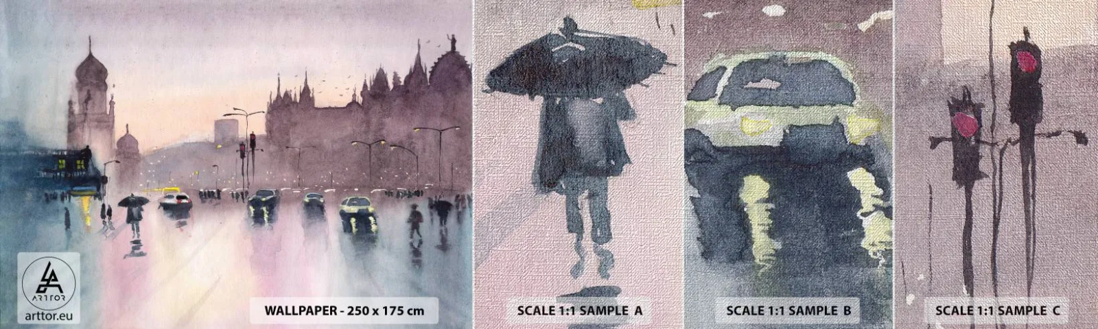 Prøve Fototapet Premium Canvas - I en regnfuld tåge - By, Arkitektur, Monumenter - 100x30 cm