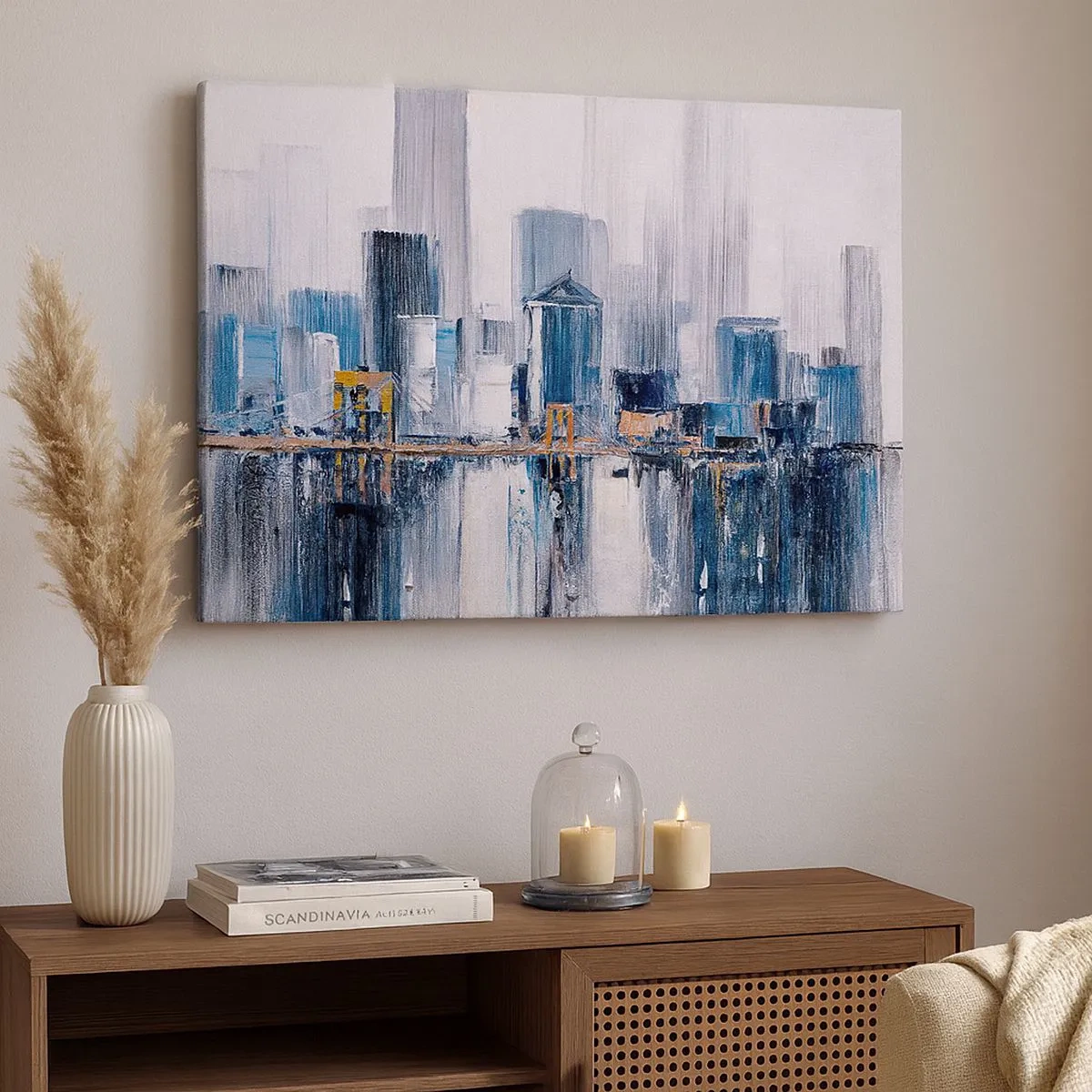 Lærredstryk - Billede på lærred - Abstrakt bypanorama med nuancer af blå og gule - 70x50cm - Indtryk fra New York - Moderne vægdekoration til stue og soveværelse ARTTOR
