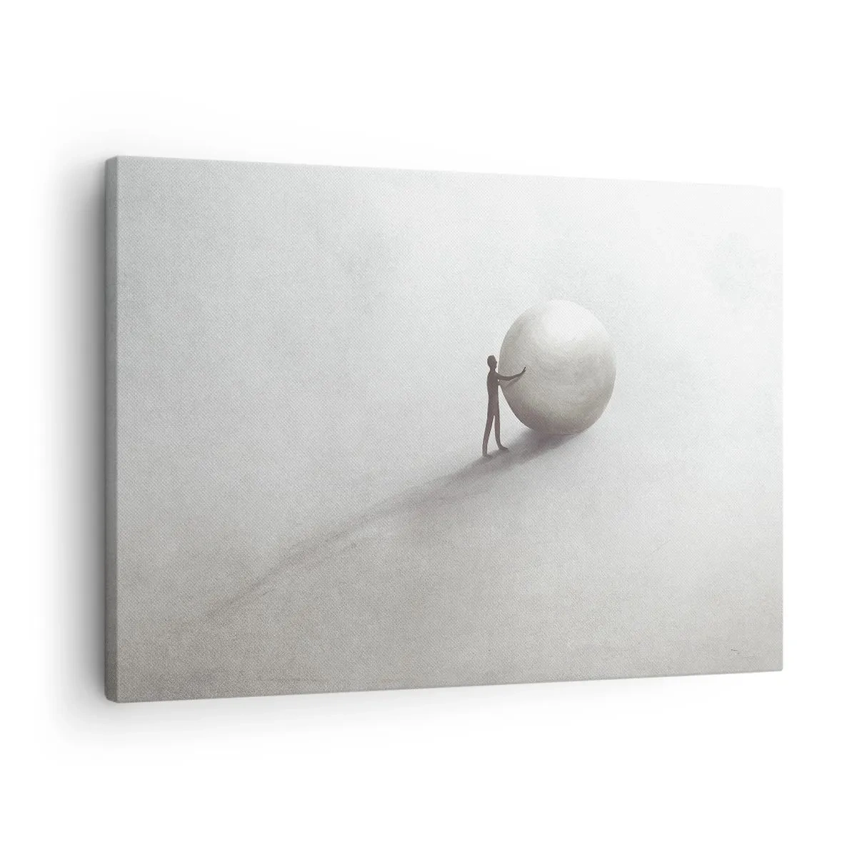 Lærredstryk - Billede på lærred - En minimalistisk figur med en bold på en lys, monokromatisk baggrund. - 70x50cm - Livets spil - Moderne vægdekoration til stue og soveværelse ARTTOR