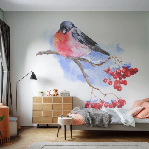 Fototapet Selvklæbende Deluxe Sticker - Vinter i farver - Fugl På En Gren, Rød røn, Grafik - 250x175 cm