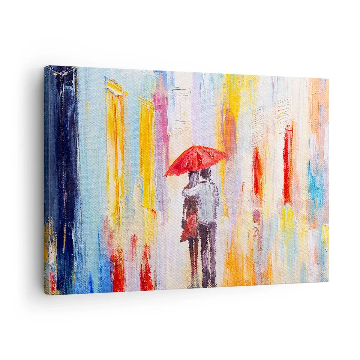 Lærredstryk - Billede på lærred - Et par under en rød paraply med farverige bygninger i baggrunden. - 70x50cm - Lad det regne mere - Moderne vægdekoration til stue og soveværelse ARTTOR