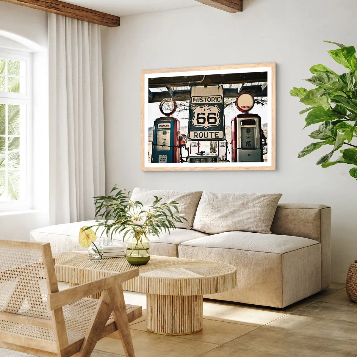 Plakat i ramme af lyst egetræ - En retro-amerikansk rejse - 40x30 cm