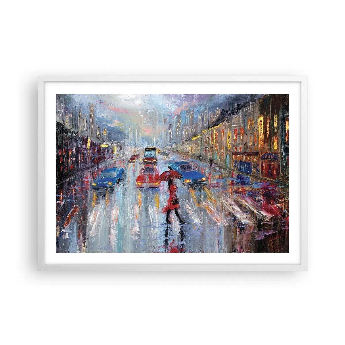 Plakat i hvid ramme - Regnfuld eftermiddag i byen - 70x50 cm