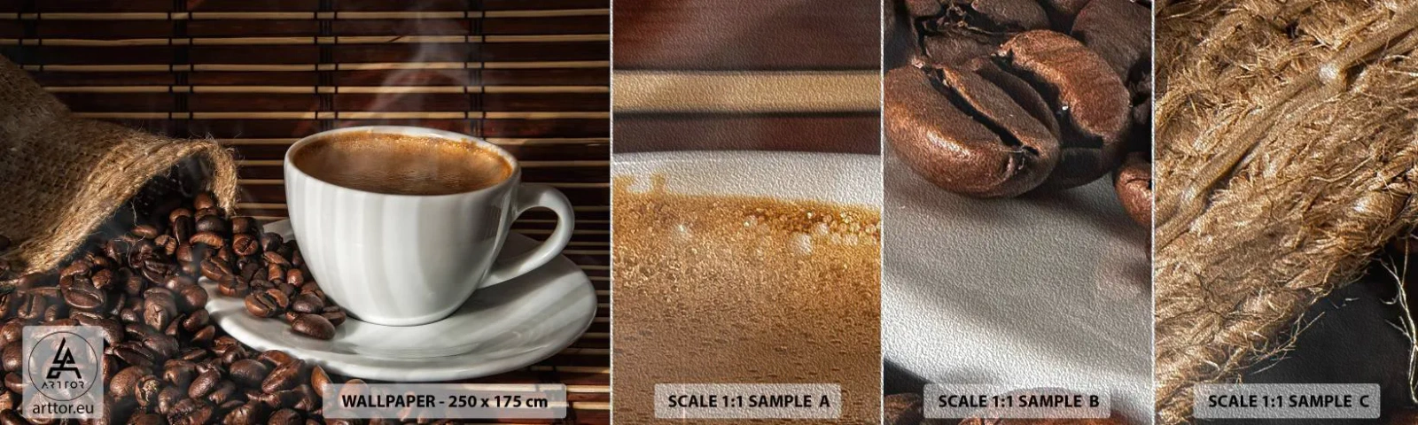 Prøve Fototapet Premium Sand - Kulets sorthed, ravets gennemsigtighed - Gastronomi, Kaffe, kop kaffe - 100x30 cm