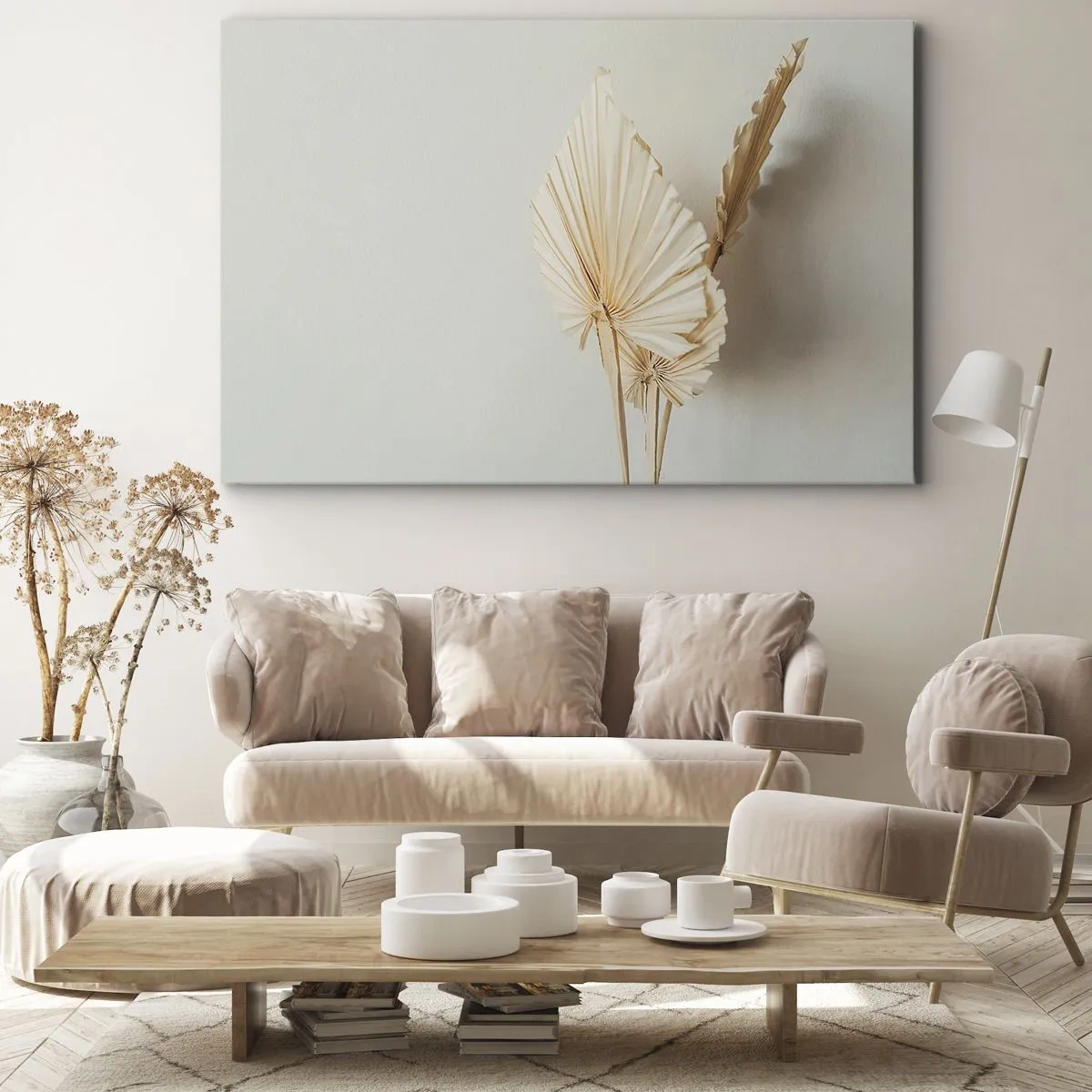 Lærredstryk - Billede på lærred - Tørrede palmeblade i et minimalistisk arrangement - 70x50cm - Når du har brug for trøst - Moderne vægdekoration til stue og soveværelse ARTTOR