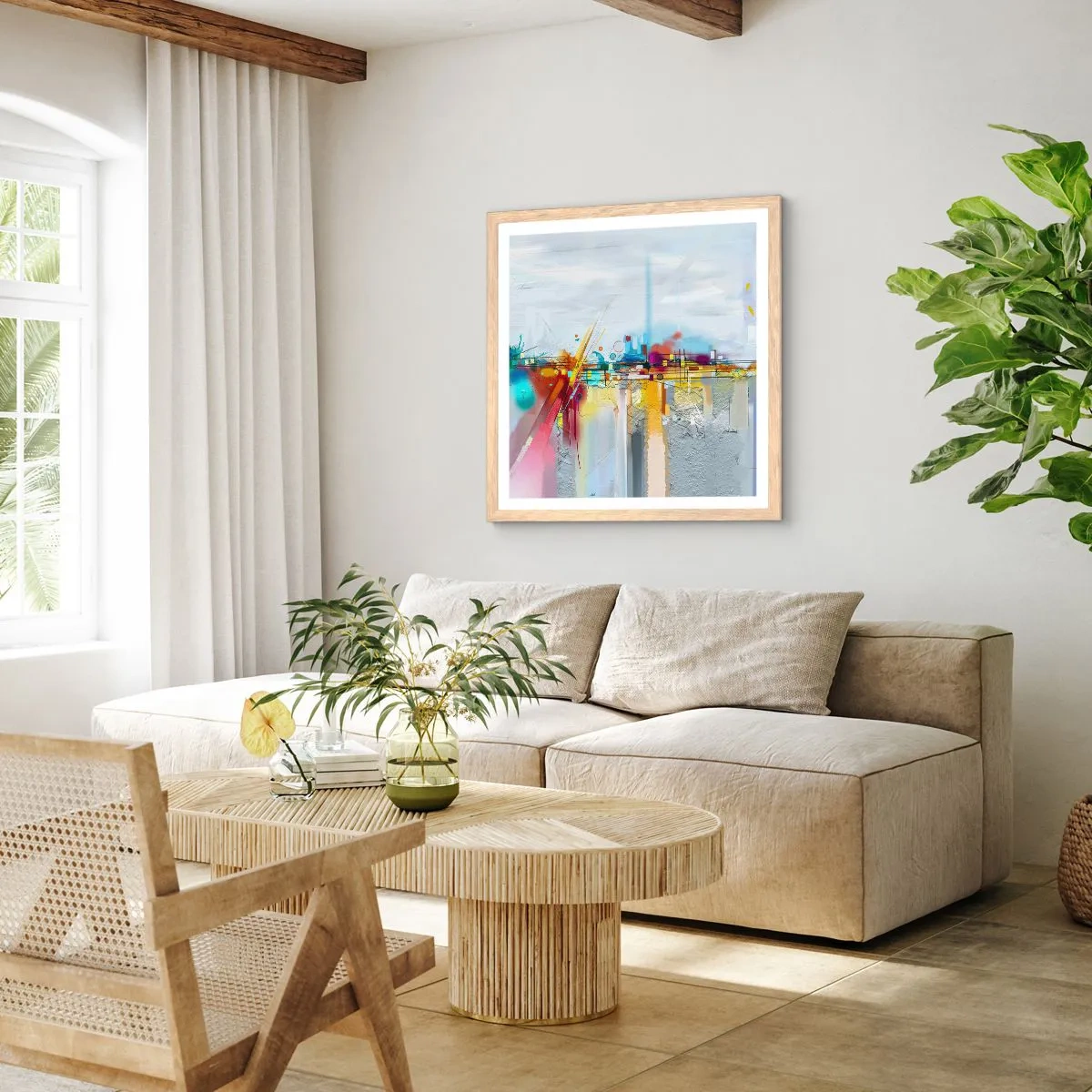 Plakat i ramme af lyst egetræ - Glædens bro over livets flod - 40x40 cm