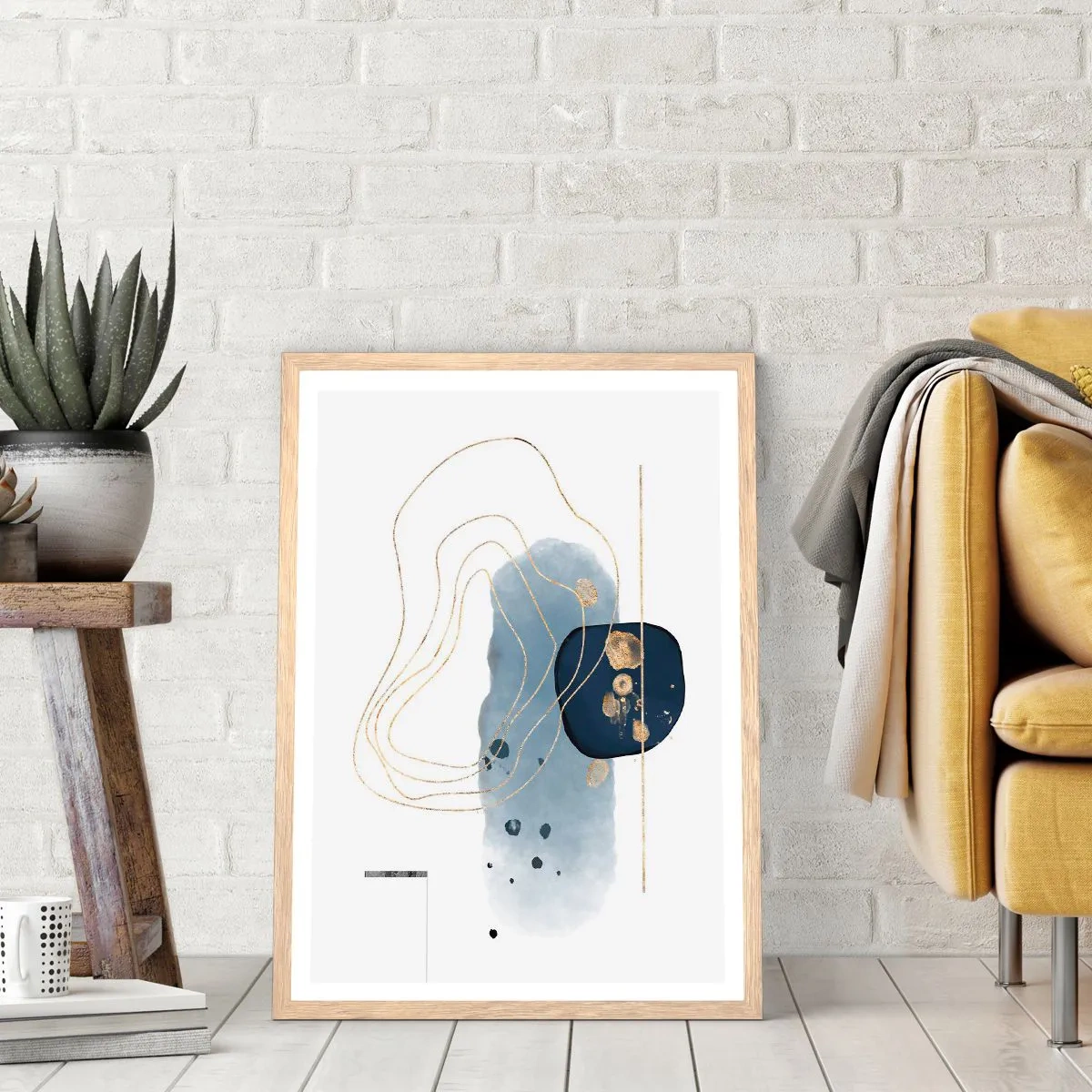 Plakat i ramme af lyst egetræ - Blå-gylden fantasi - 61x91 cm