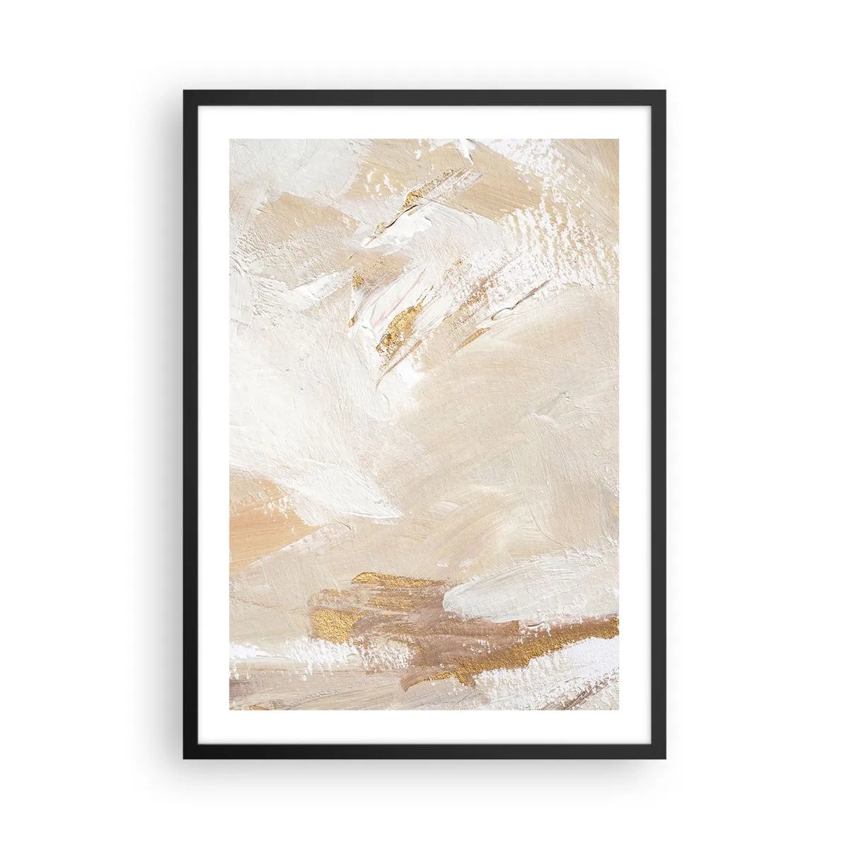 Plakat i sort ramme - Abstrakte penselstrøg i beige og guld - 50x70cm - Pastelkomposition - Moderne vægdekoration til stue og soveværelse ARTTOR