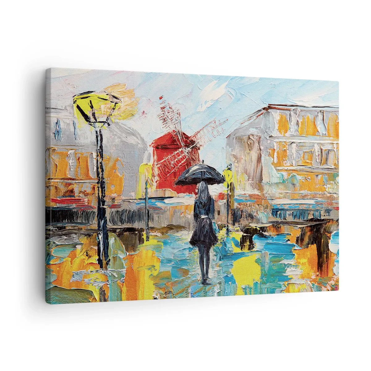 Lærredstryk - Billede på lærred - Et malerisk motiv med en paraply mod en baggrund af Paris i livlige farver. - 70x50cm - Parisiske legender - Moderne vægdekoration til stue og soveværelse ARTTOR