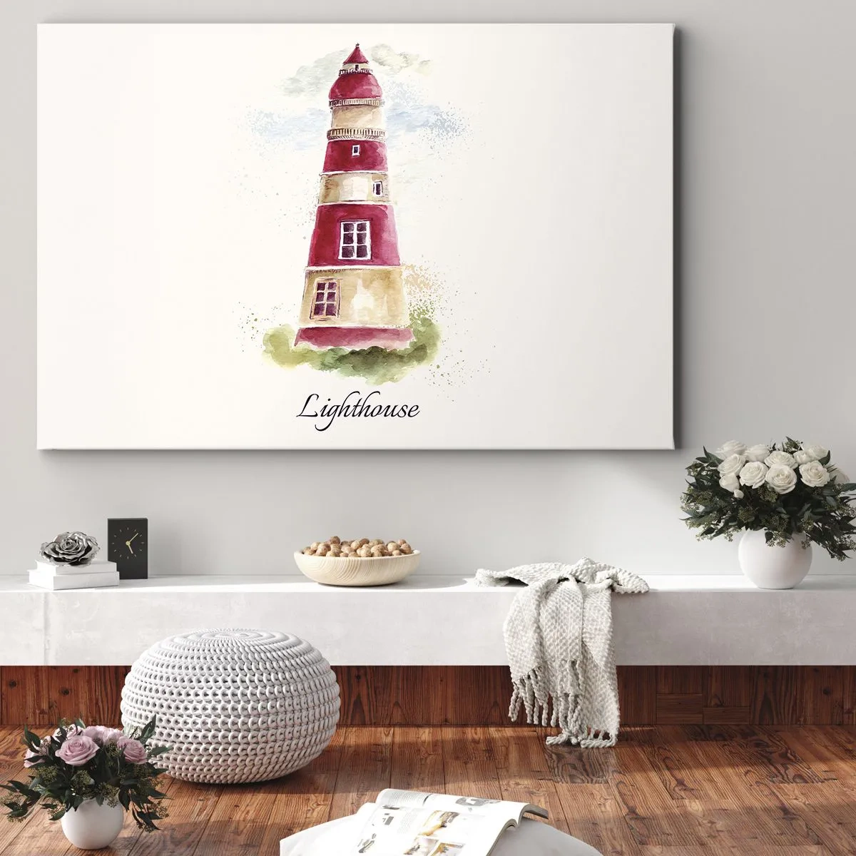 Lærredstryk - Billede på lærred - Et akvarelmaleri af et fyrtårn på en lys baggrund med en indskrift - 70x50cm - Altid vejret omkring - Moderne vægdekoration til stue og soveværelse ARTTOR
