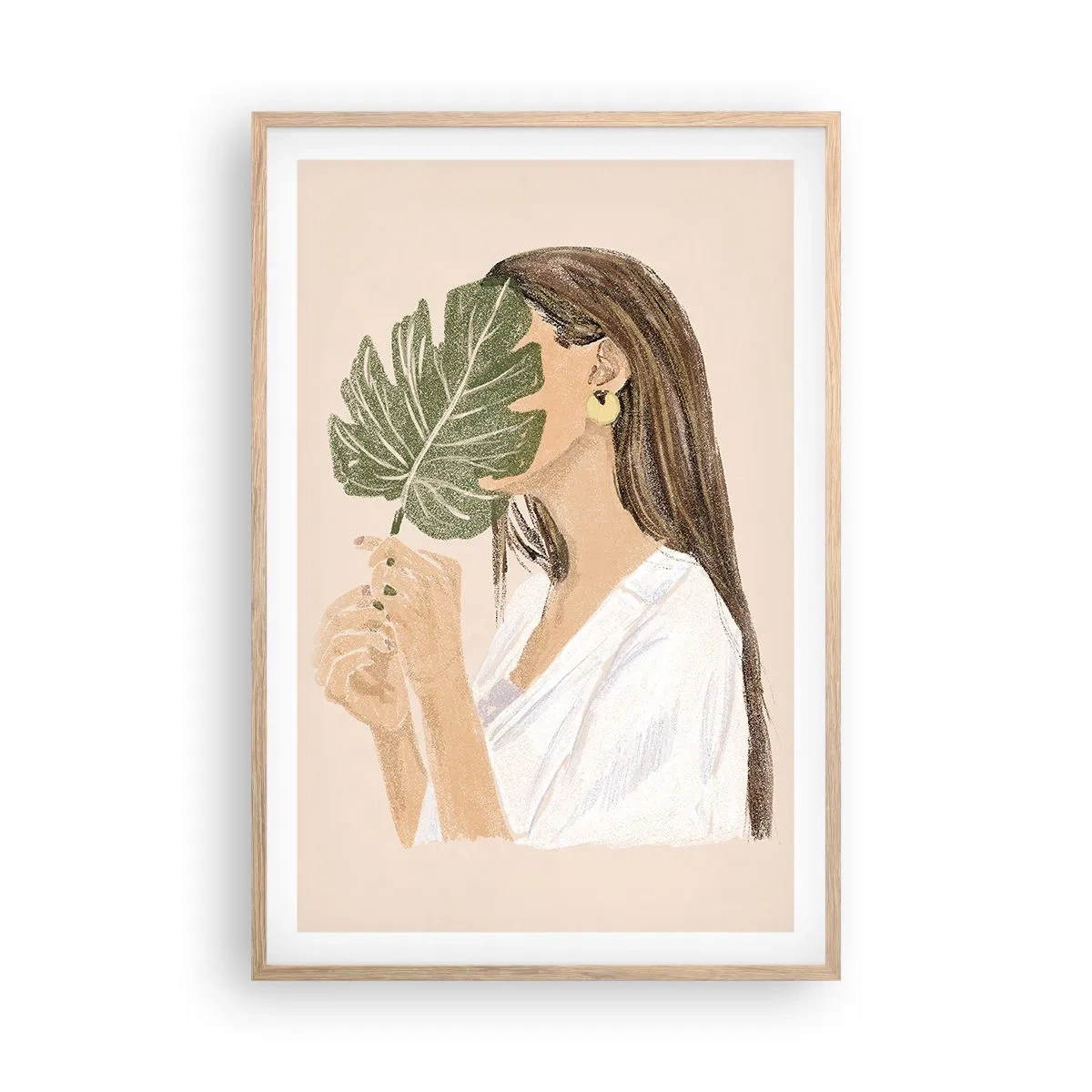 Plakat i ramme af lyst egetræ - Mystisk portræt med en vifte - 61x91 cm