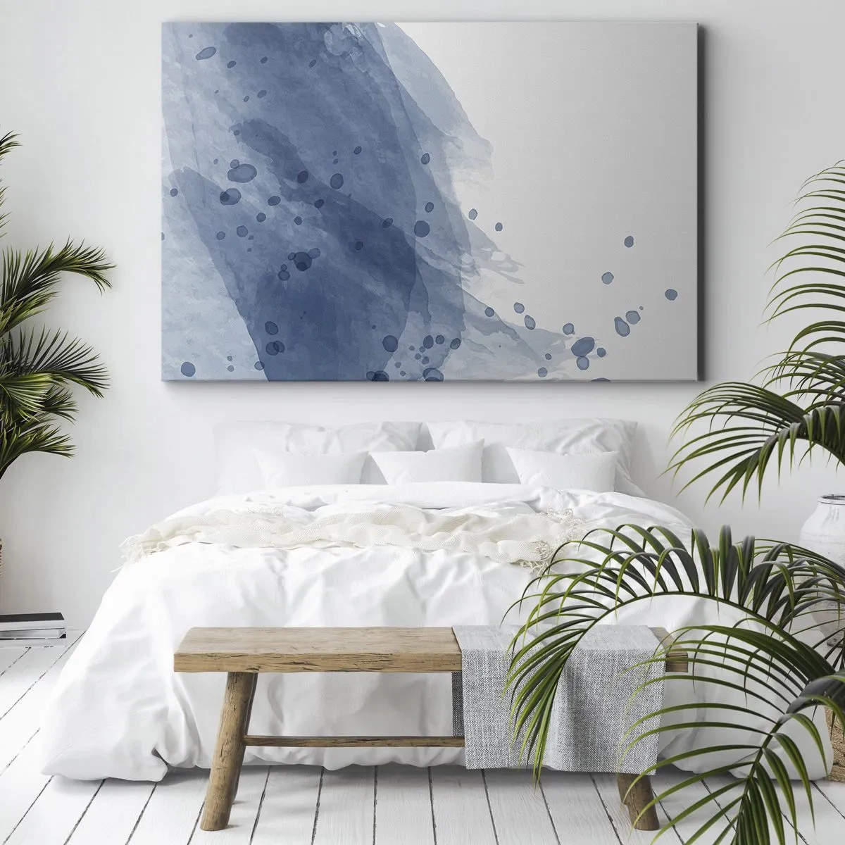 Lærredstryk - Billede på lærred - Abstrakte pletter og striber i blå nuancer - 70x50cm - Blå tyl - Moderne vægdekoration til stue og soveværelse ARTTOR