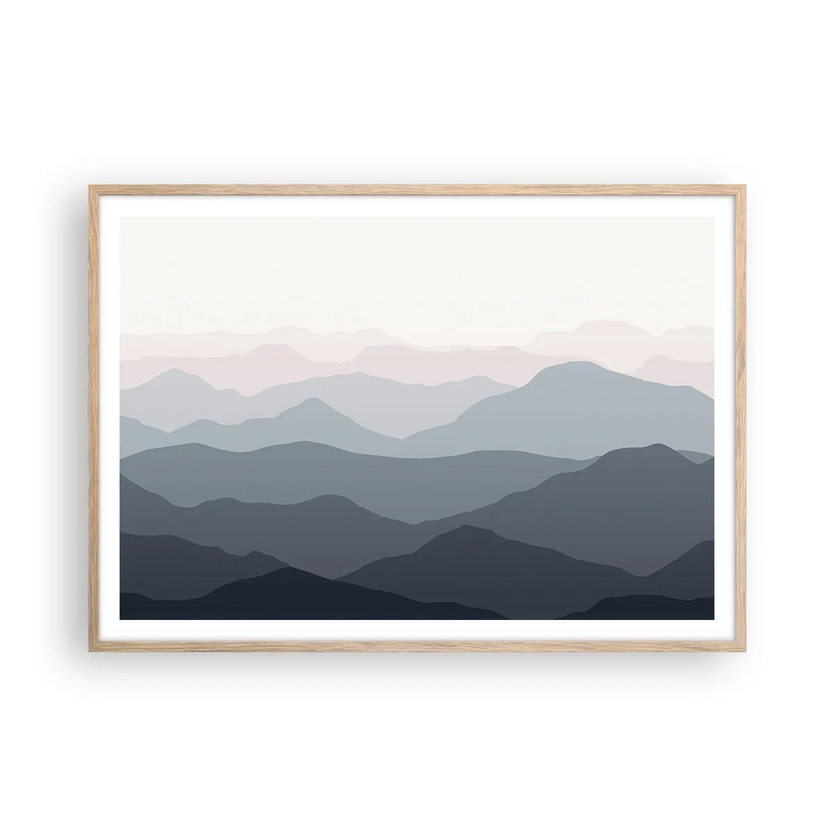 Plakat i ramme af lyst egetræ - Bølger af bjerge - 100x70 cm