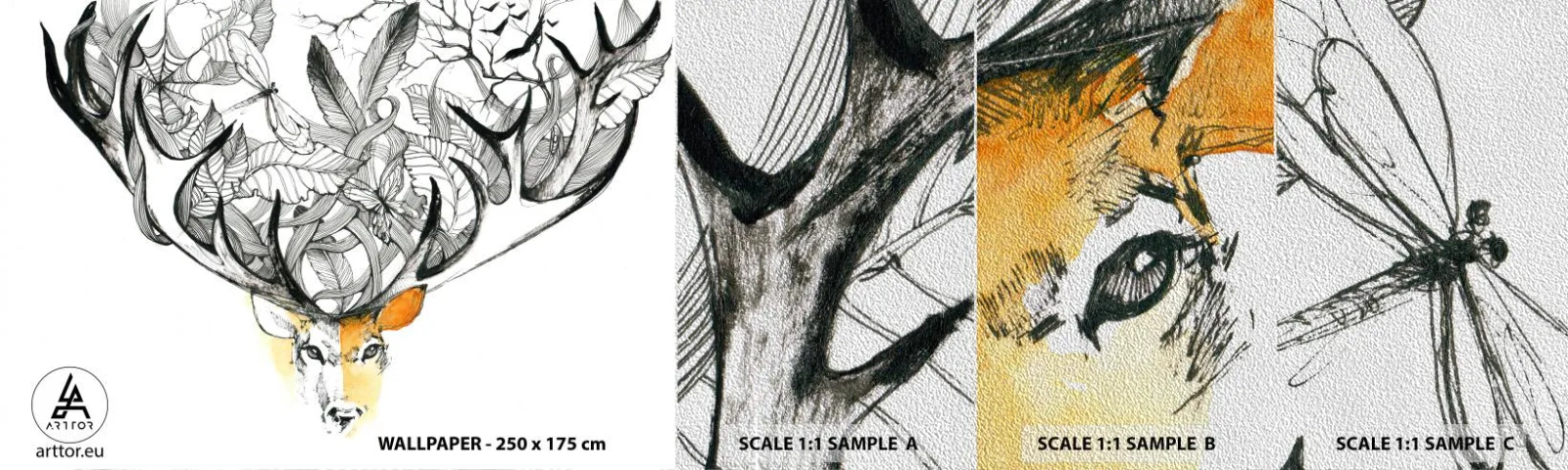 Prøve Fototapet Premium Sand - Horn af overflod - Abstraktion, Hjort, Grafik - 100x30 cm