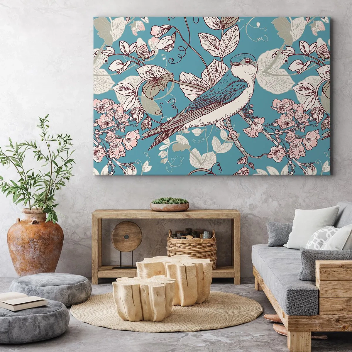 Lærredstryk - Billede på lærred - En fugl på en gren i en delikat blomsterstil - 70x50cm - I de hvide skove kvidrende og sølvfarvede - Moderne vægdekoration til stue og soveværelse ARTTOR