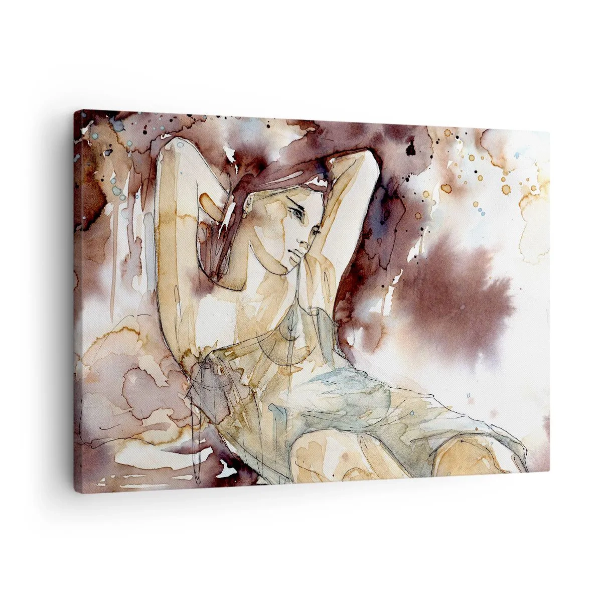 Lærredstryk - Billede på lærred - Kvinde i kunstnerisk akvarelstil med brun baggrund - 70x50cm - I stemning af lilla - Moderne vægdekoration til stue og soveværelse ARTTOR